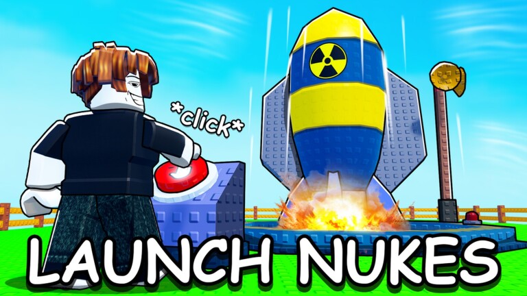 Roblox avatar pressing the launch button beside a yellow-and-blue nuke rocket in Nuke a City