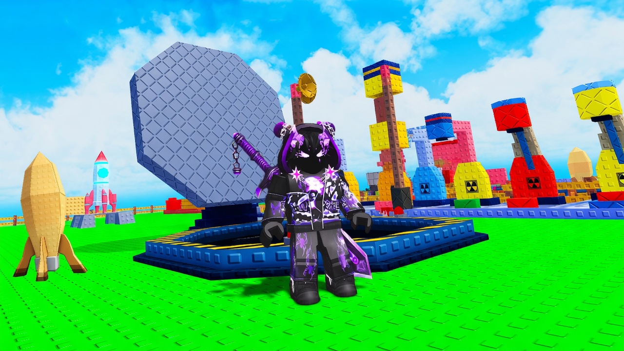 Nuke a City plot with starter rocket, launch pad, and city buildings across the grass